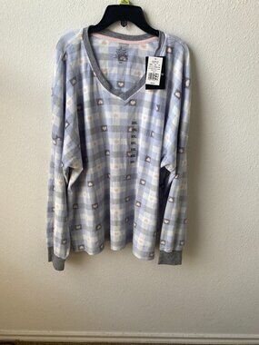 Cuddl Duds Womens Blue Plaid Velour V Neck Long Sleeve Pajama Set Plus Sz 2X New